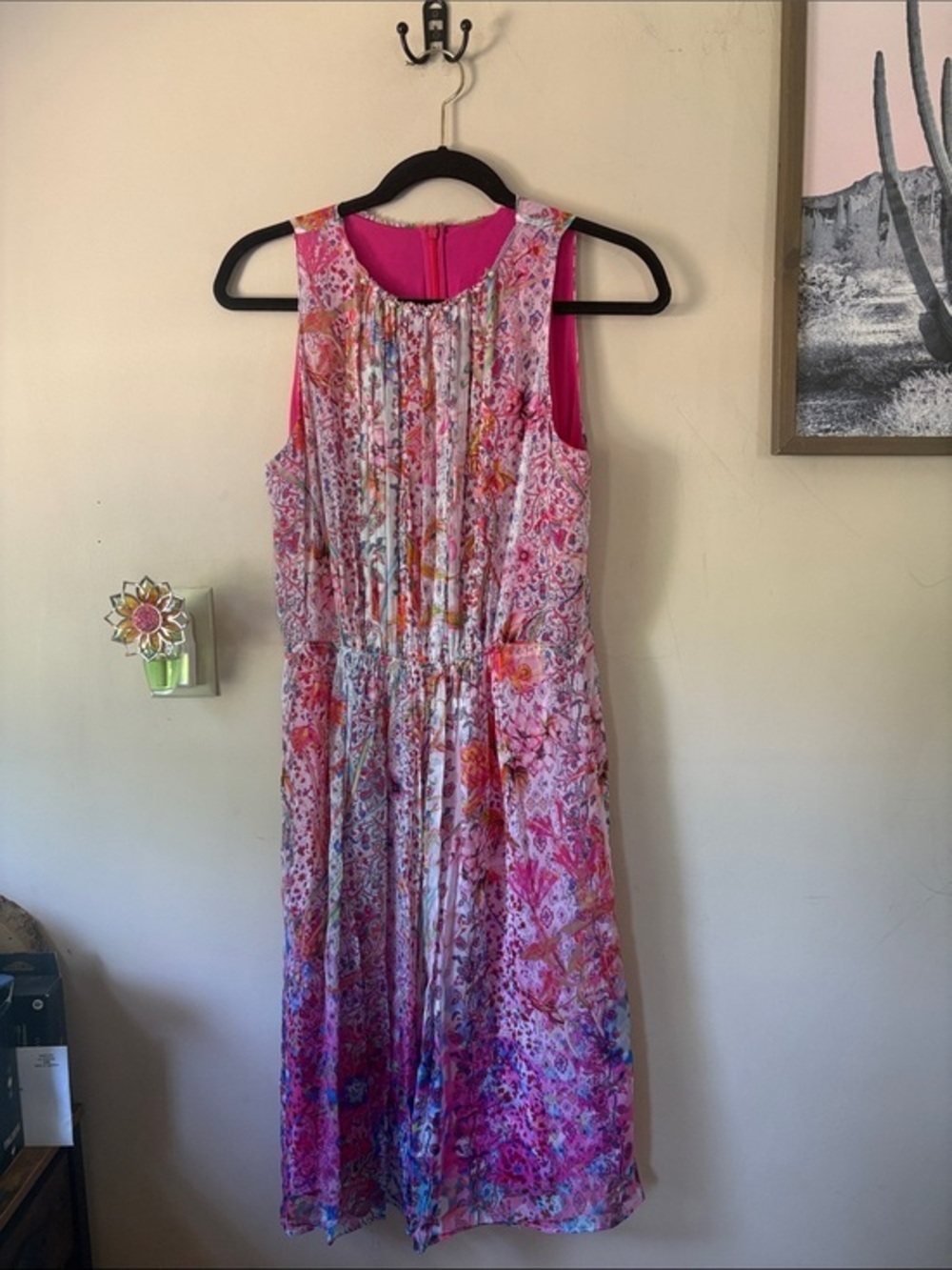 Elie Tahari Multicolor Watercolor Floral Primt Silk Midi Dress Size 6